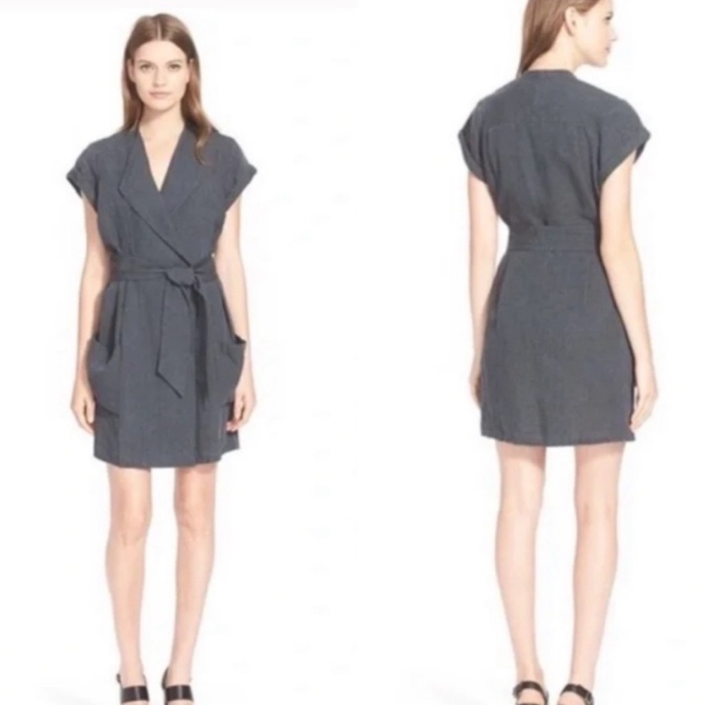 AYR S The Utility Linen Short-Sleeve Wrap Dress in Dark Teal